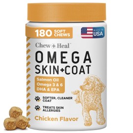 Salmon Oil for Dogs - 180 Soft Chew Omega Treats for Skin and Coat - Fish Oil Blend of Essential Fatty Acids, Omega 3 and 6, Vitamins, Antioxidants and Minerals - Made in USA
