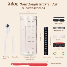 Sourdough Starter Jar 34 oz/1000 ml, Sourdough Starter Kit with Date Marked Feeding Band, Thermometer, Silicone Spatula, Cloth Cover&Aluminum Lid, Cleaning Brush, DIY Sticker, Marker Pen, Colored Rope