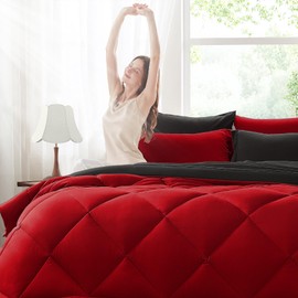 Anluoer California King Comforter Set，Red and Black Bed in a Bag 7 Piece，Bedding Set with Soft Down Alternative Fill，Bed Set Includes Comforter, Fitted Sheet, Flat Sheet，Pillowcases and Shams