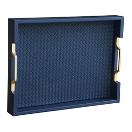 HofferRuffer Faux Leather Rectangle Serving Tray Decor Platter with Gold Metal Handles for Coffee Table, Breakfast, Tea, Food, Countertop, Kitchen, Butler Tray, 16.2 x 12.2 x 2 inches (Navy Blue)
