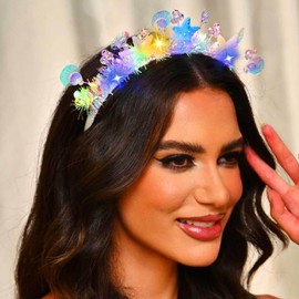 Flimire Light up Starfish Headband Led Mermaid Headbands Glow Seashell Hair Hoop Beach Party Costume Hair Accessories for Women (White, One Size)