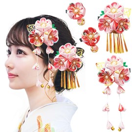 Hair Ornaments Set of 4 for Women, Kimono, Yukata, Hakama, Kimono, Furisode, Handmade, Graduation Ceremony, Weddings, Handmade Hair Accessories, Hair Closure Flower with Bell