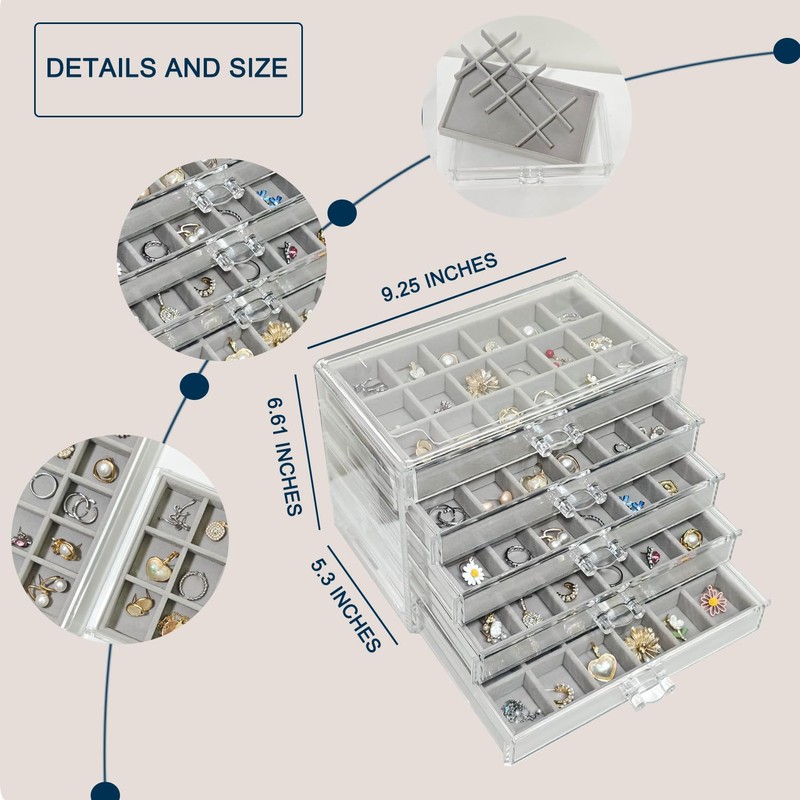 HOUKANWE Acrylic Earring Holder Organizer with 5 Drawers Clear Earring