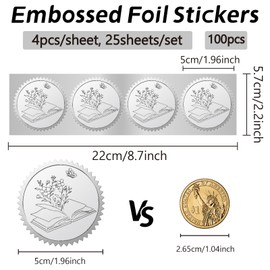 CRASPIRE 100Pcs Book Embossed Seals Stickers Silver 2 Flower Butterfly Award Certificate Seals Waterproof Foil Stickers Self Adhesive Decor Labels for Wedding Gift Packaging Invitation