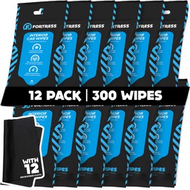 Fortress Car Interior Wipes with Microfiber Cloth (25 ct, Pack of 12) for Car Interior Cleaning, Dashboard, Seats, Detailing, and Steering Wheel [Travel Size] Skin-Safe Car Interior Cleaner Supplies