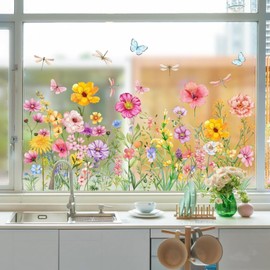Colorful Flower Window Clings Summer Wildflower Window Stickers Double-Sided Spring Garden Floral Bouquet Window Cling Dragonfly Grass Glass Decals for Bird Windows Strike Prevention (11.8*23.6inch)