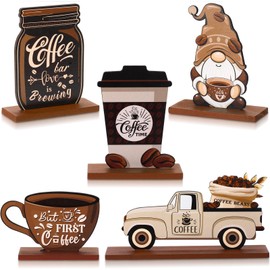 Blulu 5 Pieces Coffee Bar Decor Sign Farmhouse Coffee Bar Wood Signs Rustic Coffee Wooden Table Centerpiece Coffee Tiered Tray Decor Table Signs for Home Kitchen Coffee Station Decorations