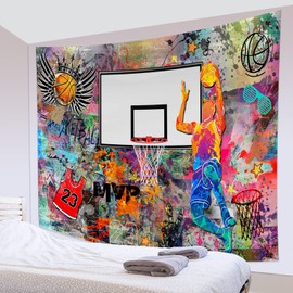 Basketball Tapestry Street Graffiti Wall Art Tapestry MVP Dunk Tapestry Hip Hop Hippie Tapestry Man Athlete King Crown Tapestry Wall Hanging for Bedroom Living Dorm Decor 78.7"W x 59"L(200x150cm)