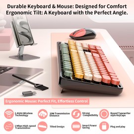 Wireless Keyboard and Mouse, MOFII 104 Round Keycaps Retro Typewriter with OTG & Brush, Full-Size Ergonomic, Ideal for Windows PC, Home, Office and College Rainbow Red