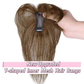 Datanala 100% Real Human Hair 360° Cover Air Bangs In Clip Medium Brown Wispy Bangs Human Hair Clip Hairpieces with Temples Women Air Thinning Curtain Daily Wear