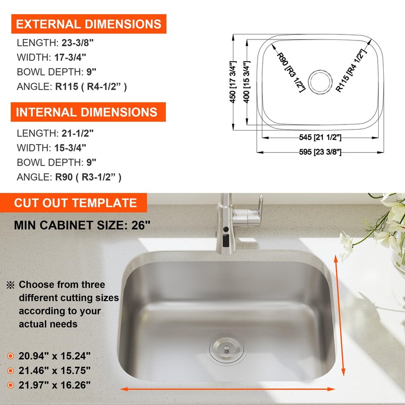 Blenzia 23 Inch Undermount Curved Single Bowl Kitchen Sink (Sink