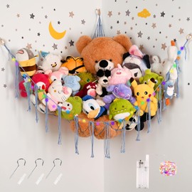 Large Size Stuffed Animal Hammock Corner with LED Light, Cotton Rope Corner Net for Stuffed Animals Storage,Toy Hammock for Stuffed Animals Organizer, Baby Nursery Bedroom Decor(XL-Blue)