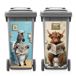 ANATTASOUL 2 Sheets Wheelie Bin Stickers Highland Cattle and Zebra Waterproof Dustbin Decor, 14.9"x 32.2" Adhesive Large Decal for Bins, Fridge, Wall Outdoor, Indoor Decoration