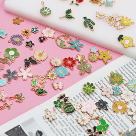 140 PCS Floral Themed Jewelry Pendants, lyfLux Assorted Gold Enamel Charm Pendants 80m Elastic Bracelet String for DIY Necklaces, Bracelets as Gifts