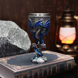 JIUMOZHI Medieval Dragon Cross Sword Goblet Stainless Steel Inlaid Resin Hand-painted Creative Party Wine Glass Holiday Birthday Gift (Blue)