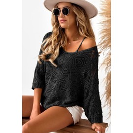 Dokotoo Women's 2025 Spring Summer Crochet Hollow Out 3/4 Sleeve Pullover Sweater Off Shoulder T-Shirts Off The Shoulder Sweater Swimsuit Coverup for Women Black X-Large