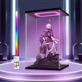 Clear Acrylic Display Case with Color Light for 400% Popmat Figurs, Assemble Clear Display Box Stand Dustproof Protection Showcase Organizer Box for Action Figures