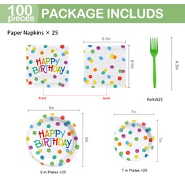Polka Dots Happy Birthday Party Supplies Paper Plates Napkins Rainbow Confetti Polka Dots Happy Birthday Party Decorations for Baby Shower Kids Birthday Party Serve 25 Guests