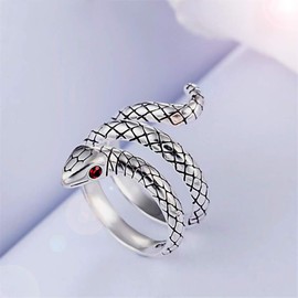 Willys Jewellery Snake Ring 925 Sterling Silver with Red Eyes Made of Cubic Zirconia for Women and Girls Easily Adjustable (52 (16.6)), Cubic Zirconia