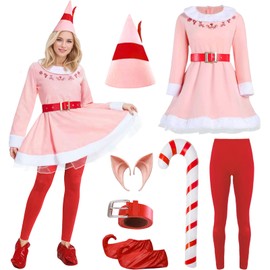 Elf Costume for Women Adult Christmas Deluxe Pink Fancy Dress Festive Costume Xmas Party Cosplay Outfits (Women, Small)