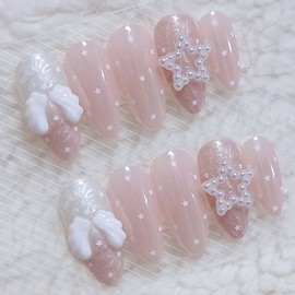 Angel Pink Handmade Nail Tips Satin Transparent Shine - Stiletto / 엔젤핑크 수제네일팁 새틴 투명광 - 스틸레토