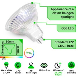 greenandco 5X MR16 GU5.3 | Replaces 30W | Warm White 2700K | CRI 90+ | 3W 270 lm | 38° | No Flicker | COB LED Light Bulb | 12V AC/DC | Non dimmable