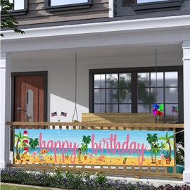 KYMY Summer Hawaiian Birthday Banner Long Aloha Luau Beach Yard Sign 118x19.7 inches, Tropical Palm Leaves Seaside Background Photography for Baby Shower Birthday Luau Party Decorations Supplies