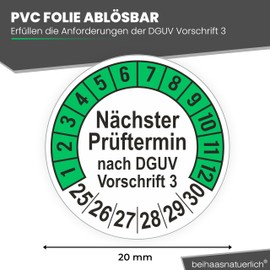 beihaasnatuerlich® Pack of 1120 Test Badges "Next Test Date", 20 mm Diameter, Test Labels According to DGUV V3, 2025-2030, Test Stickers, E-Check Test Label, Badge for Electrical Devices (Green, 10