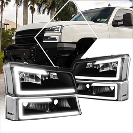 PM PERFORMOTOR [4Pcs-Set] LED DRL Headlights+Bumper Lamps Compatible with 03-07 Chevy Silverado Avalanche,Black Housing/Clear Lens