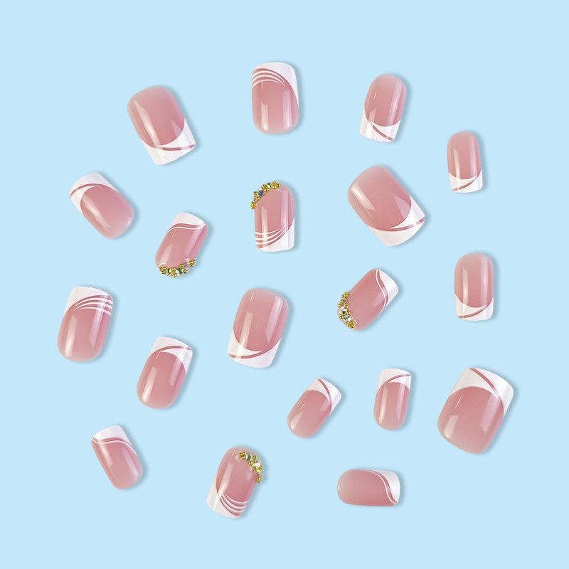False Nails Short, French Stick on Nails, 24pcs Square Pink