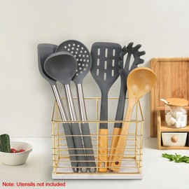 Jeasor Utensil Holder for Kitchen Counter, Metal Utensil Holder Rack for Kitchen Countertop, Cooking Tools Storage for Spatula, Utensil Organizer with Sturdy Base, and Drainage Hole (Gold Marble)