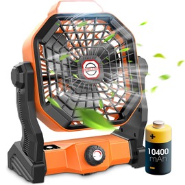 Portable Camping Fan, 10400mAh Battery Operated Tent Fan with LED Lantern, 8 - 36hrs Continue Working Rechargeable Outdoor Fan, Stepless Speed and 270° Head Rotation Personal Desk Fan (Orange)