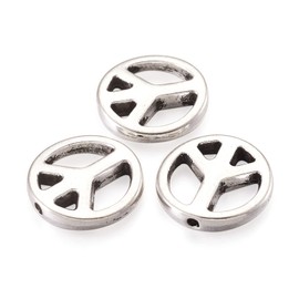 KISSITTY 50pcs Tibetan Style Antique Silver Peace Sign Spacer Beads 13x2.5mm Hollow Flat Round Loose Beads for DIY Jewelry Making Metal Findings Beading Supplies