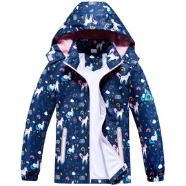 Girls' Rain Jacket, Raincoat with Hood, Children's Outdoor Waterproof Jacket, Softshell Jacket, Cartoon Transition Jacket, Hooded Wind Jacket, Lightweight for Spring and Autumn, Navy Unicorn
