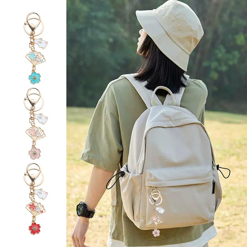 3 Pieces Cherry Blossom Fan Keychains, Bag Decoration Pendants, Car