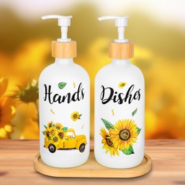 FYSUIMU 2Pcs Sunflower Soap Dispenser Watercolor Floral Truck Glass Soap Dispenser with Pump Refillable Liquid Container for Home Bathroom Kitchen Decor