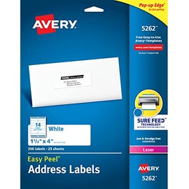 Avery Mailing Address Labels, Laser Printers, 350 Labels, 1-1/3 x 4, Permanent Adhesive, 5 Packs (5262)