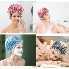 Gorros de Baño 3 Paquetes,Gorros de baño impermeable satinado para mujer, Gorra de Bano Mujer Reutilizable para Bañarse y Dormir Cabello Rizado