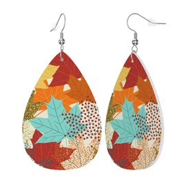 Colorful Autumn Fall Maple Leaves Faux Leather Teardrop Earrings for Women Drop Dangle Earrings Gift