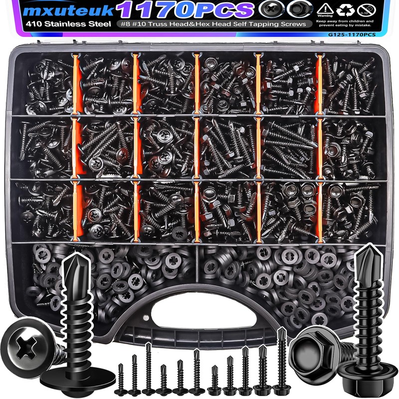 mxuteuk 1170PCS #8#10 Self Tapping Screws for Metal,410 Stainless Steel