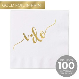 Gold Foil I Do Calligraphy Napkins / 100 White Beverage Napkins / 4 3/4" Cocktail Napkins/Party Supplies/Made in Canada