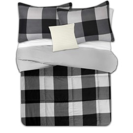 Sweet Home Collection Comforter Set 4 Piece Buffalo Check Plaid Design Soft and Luxurious All Season Down Alternative Reversible Bedding-2 Shams & Throw Pillow,Full/Queen,Black/Light Gray (Pack of 3)