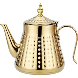 SANQIAHOME 1.2L(40oz) Stainless Steel Hammer Patterned Teapot With Removeable Infuser,Loose leaf cover,Gold