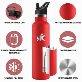 Motswedi Thermos Flask, 1 Litre, 24 Hours Cold & 12 Hours Warm, Drinking Bottle with Straw, Leak-Proof, Stainless Steel, BPA-Free, Insulated Bottle, Water Bottle, for Gym, Bike, Fitness, Red