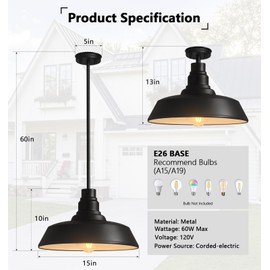 Franing Large 15" Black Farmhouse Pendant Barn Light Suspension Light Fixture, Kitchen Island Chandelier Industrial Dome Ceiling Lighting Dining Room Large Vintage Lamp for Indoor Living Room
