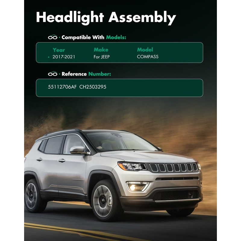 SCITOO Headlight Assembly Fit 2017-2021 for JEEP COMPASS Black Housing