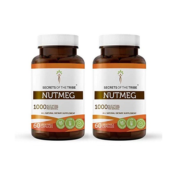 Nutmeg 60 Capsules(2 pcs.), 1000 mg, Organic Nutmeg (Rou Dou Kou, Myristica Fragrans) Dried Nut (2x60 Capsules)
