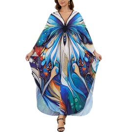 Kaftan Dresses for Women Maxi Coverup Batwing Sleeves Swimwear Bohemian Butterfly Print Ethnic Vacation