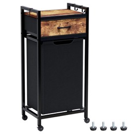 Timberer Laundry Hamper, Laundry Sorter, Rolling Laundry Basket with Drawer, 18 Gal (68 L), Pull-Out and Removable Oxford Fabric Bags, Black and Rustic Brown