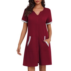 Ekouaer Women Zipper Robe Waffle Short Sleeve Bathrobes Lightweight Knee Length Housecoat with Pockets S-3XL(Dark Red, XX-Large)